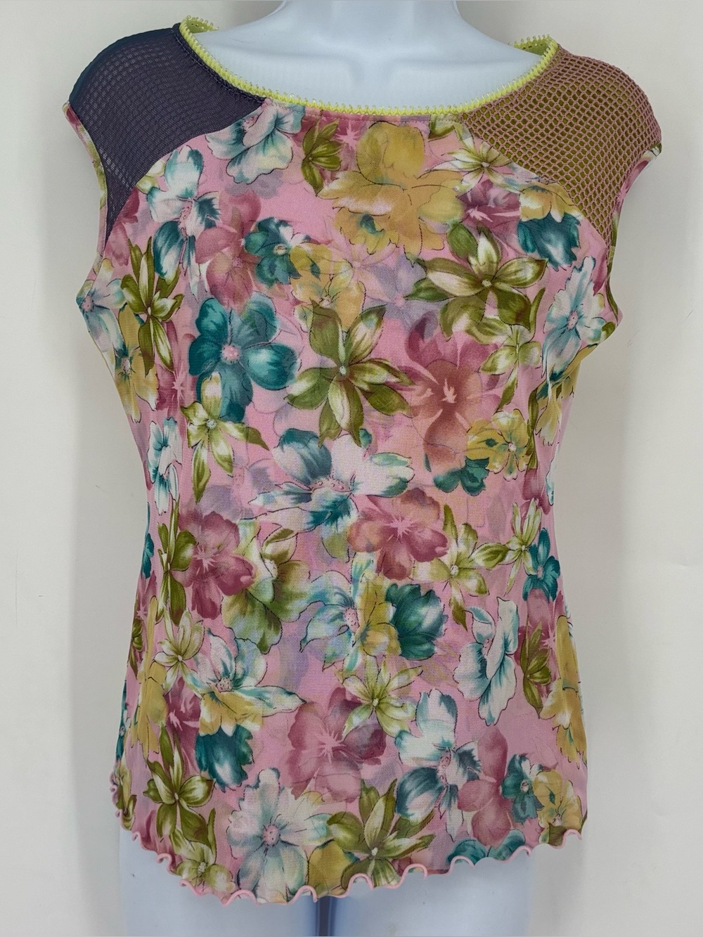 Vintage 90s ANAC Large Mesh Floral Lace Tank Top Pink Blue Y2K Ditsy Fairy